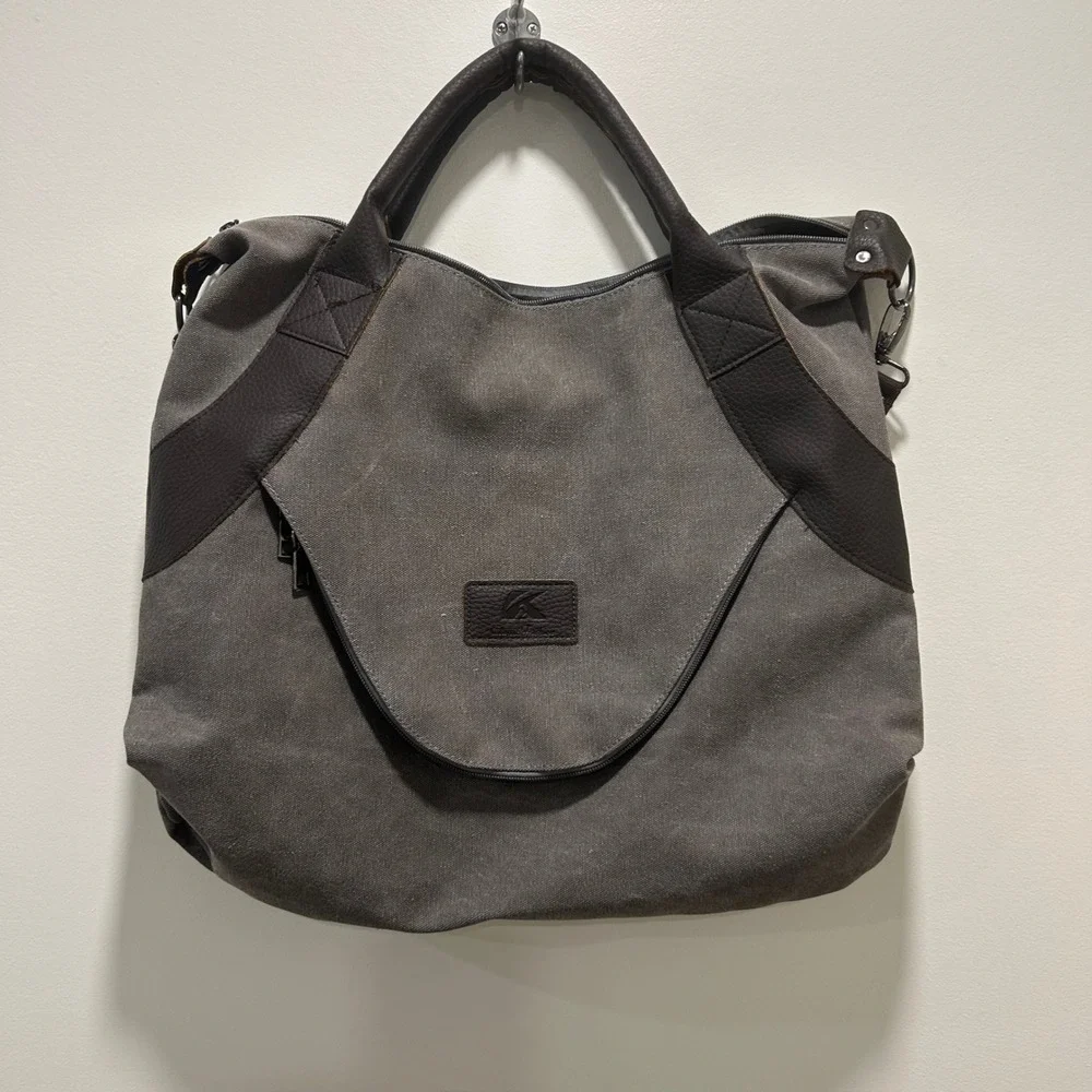 Casual Canvas Leather Trim Hobo Shoulder Bag Top Zip Crossbody‎ Messenger